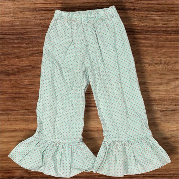 Girls Aqua Polka Dot Ruffle Hem Pants Size 4 Cotton Boutique Style - Picture 1 of 4